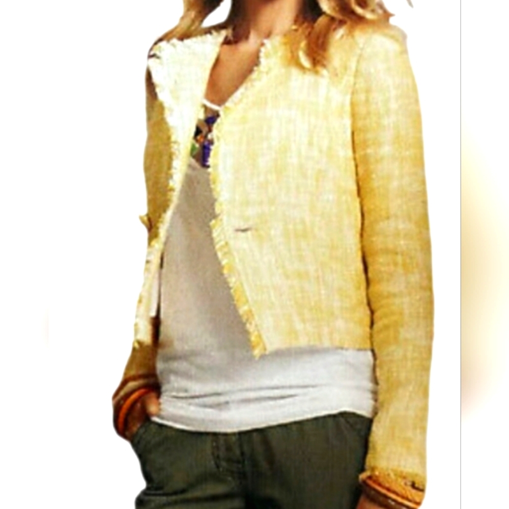 CAbi tweed cotton yellow white woven raw frayed hem cropped  blazer jacket S